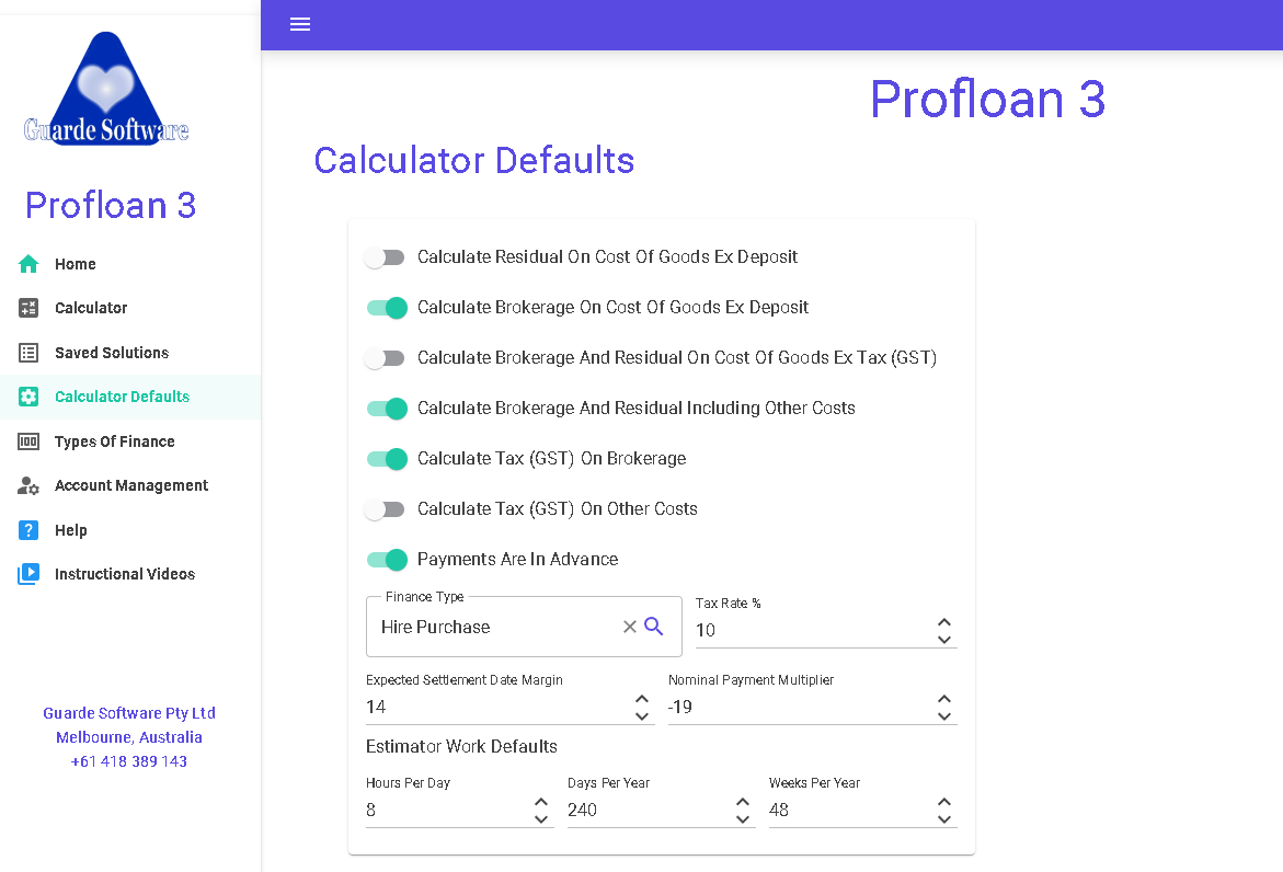 Profloan Calculator Defaults Form